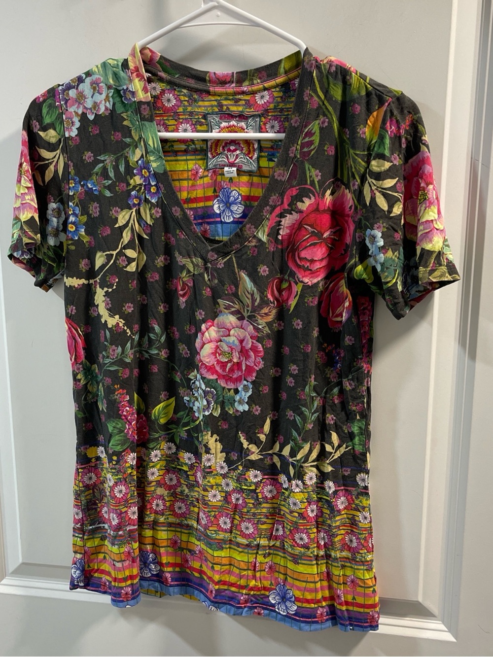 Johnny Was Black Floral V-Neck Tee with Pink & Green Accents
